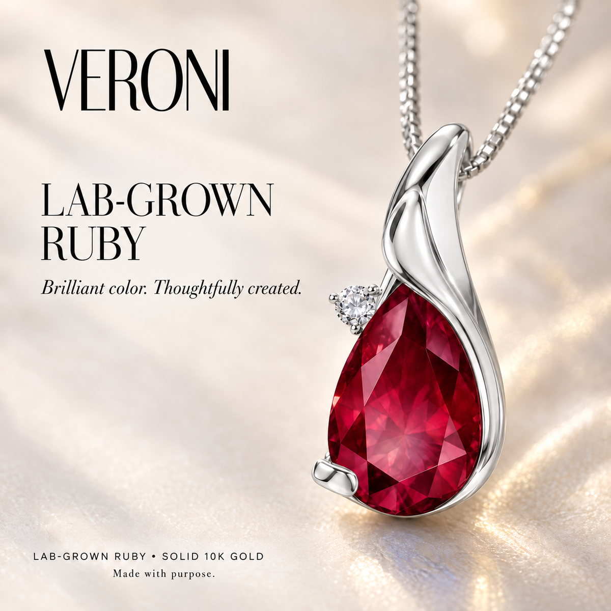 White Gold Brunella lab-grown Ruby necklace, in a VERONI campaign.