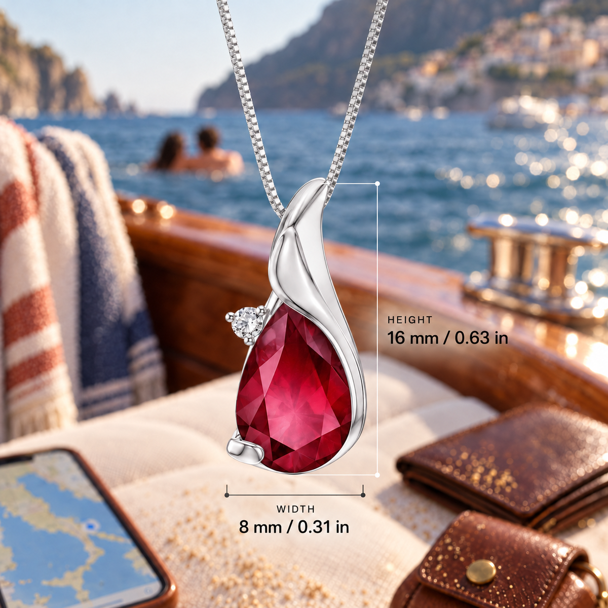 White Gold Brunella lab-grown Ruby necklace, with dimensions: 16 mm high and 8 mm wide, against a boat setting.