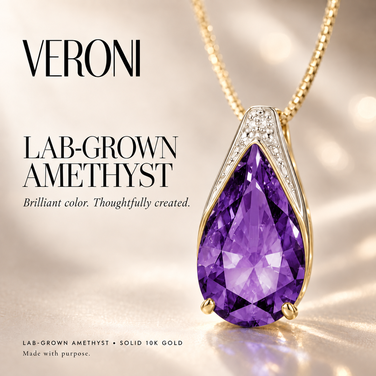 Yellow Gold Gilda lab-grown Amethyst necklace, in a VERONI campaign.