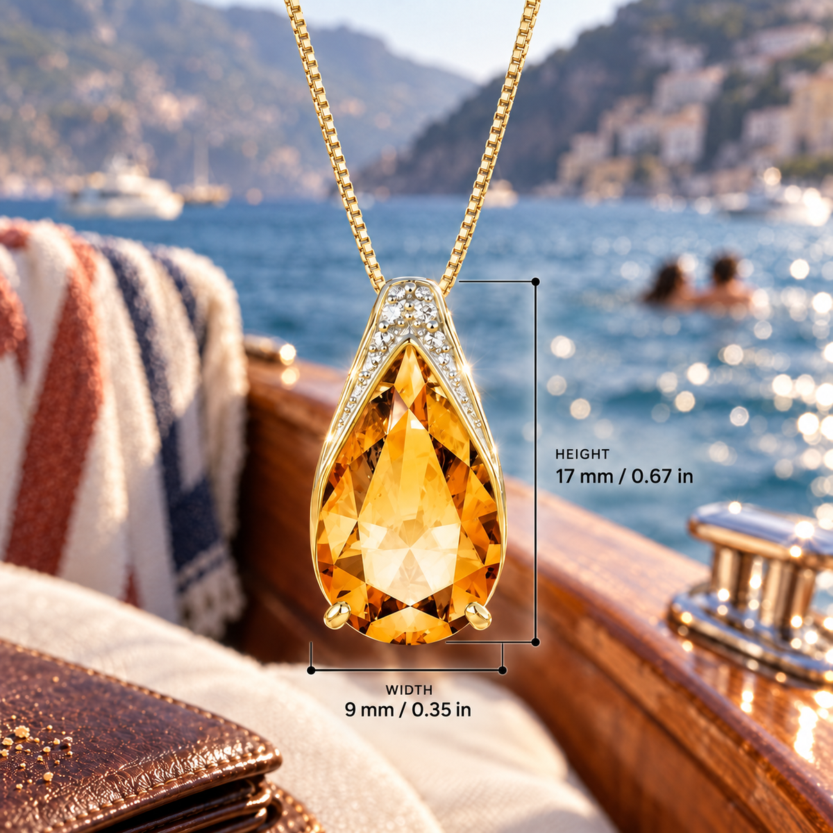 Yellow Gold Gilda lab-grown Citrine necklace, with dimensions: 17 mm high and 9 mm wide, against a boat setting.