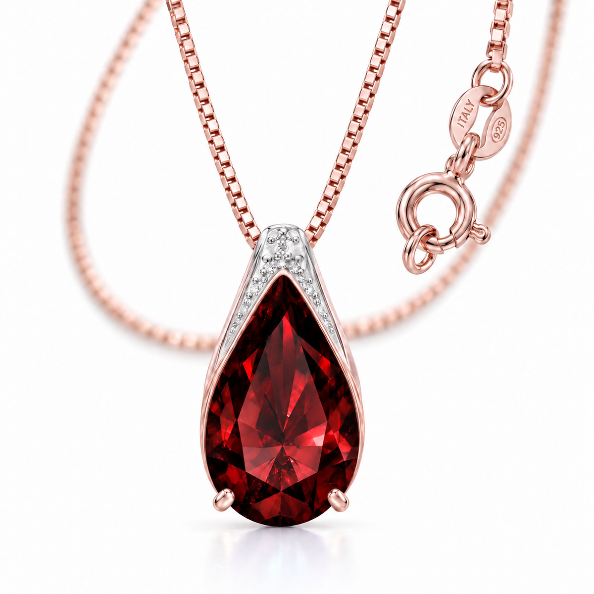 Rose Gold Gilda lab-grown Garnet necklace, close-up with chain and clasp detail.