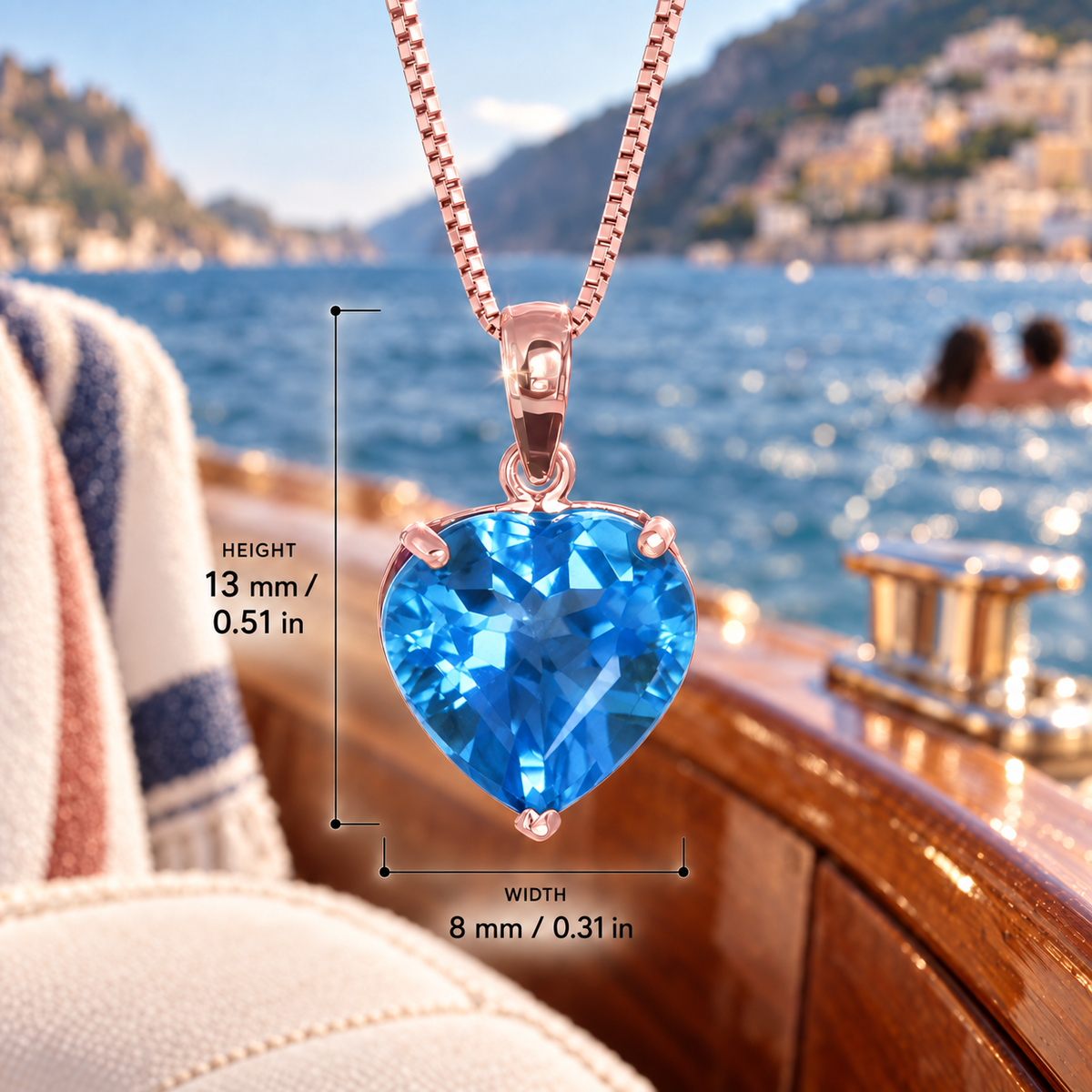Rose Gold Giuseppa lab-grown Blue Topaz necklace, dimension reference showing 13 mm height and 8 mm width.