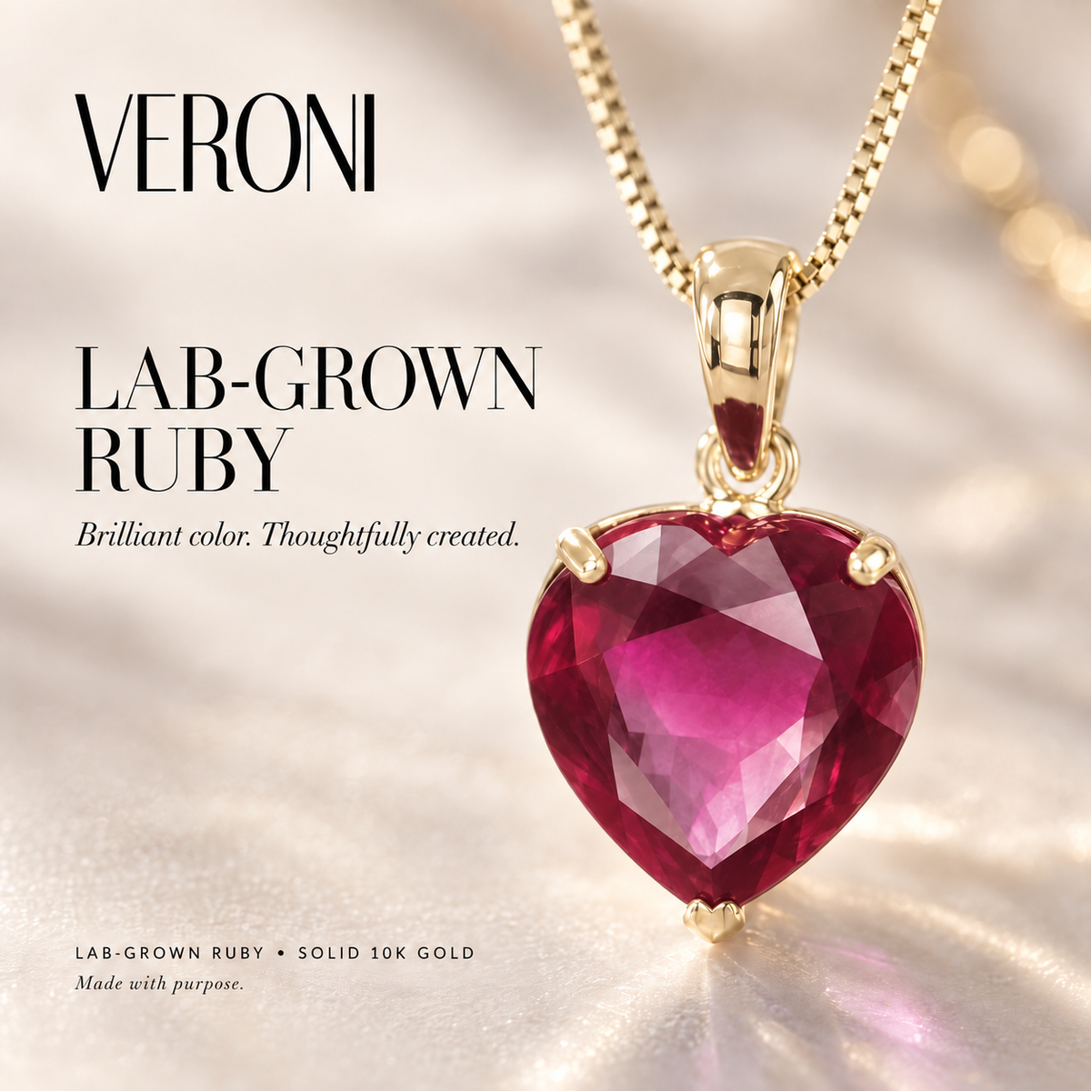 Yellow Gold Giuseppa lab-grown Ruby necklace, VERONI gemstone campaign.