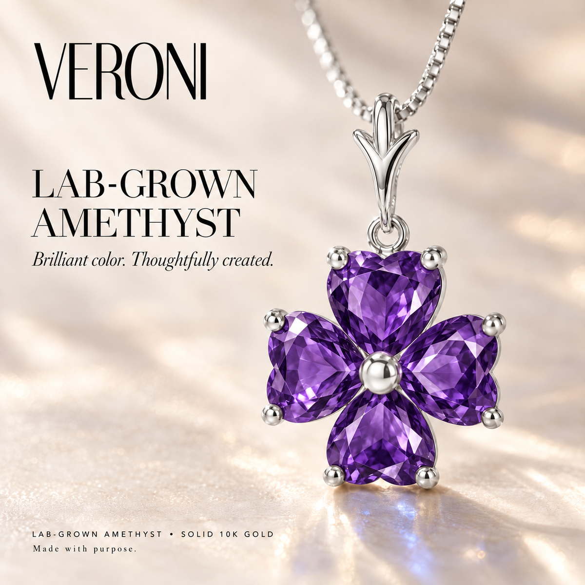 White Gold Selene lab-grown Amethyst necklace, in a VERONI campaign.