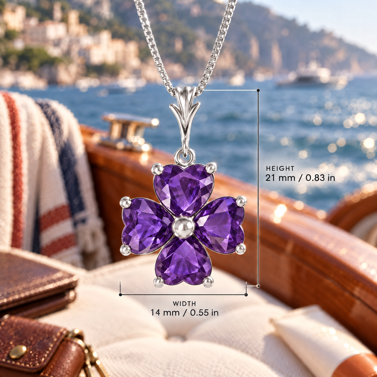 White Gold Selene lab-grown Amethyst necklace, with dimensions: 21 mm high and 14 mm wide, against a boat setting.