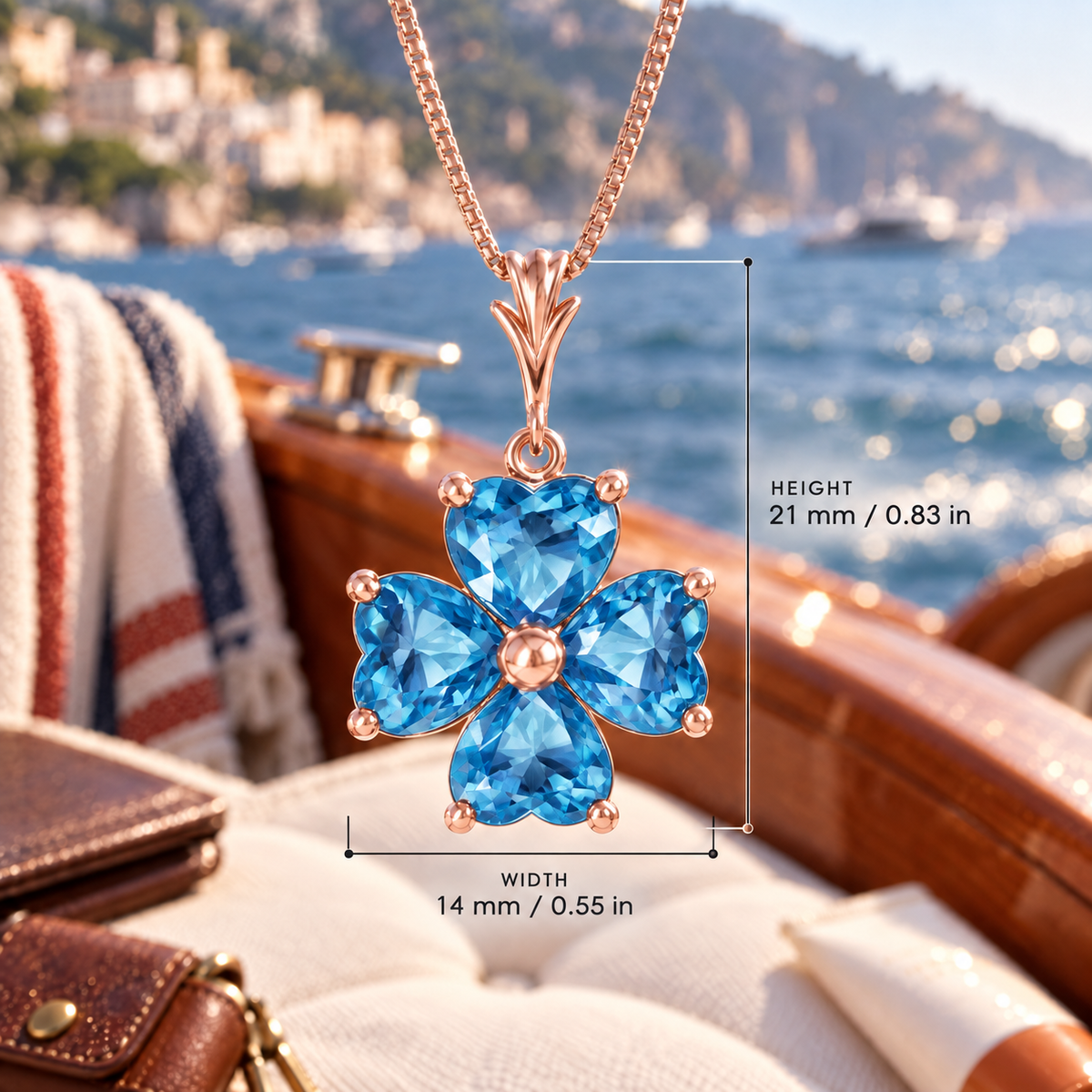 Rose Gold Selene lab-grown Blue Topaz necklace, with dimensions: 21 mm high and 14 mm wide, against a boat setting.