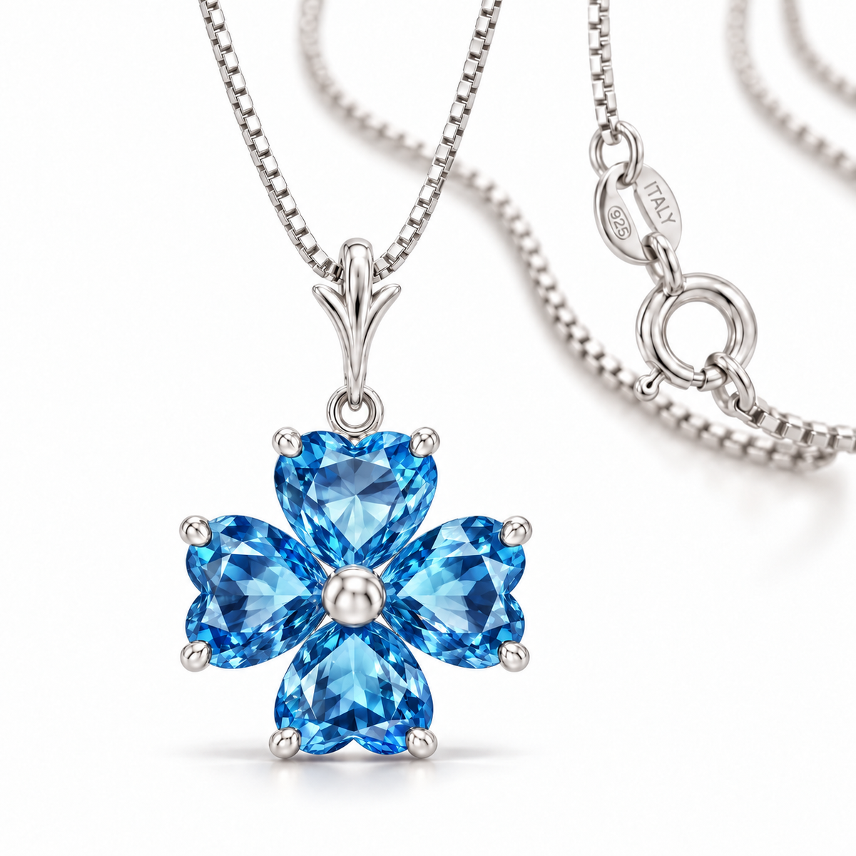 White Gold Selene lab-grown Blue Topaz necklace, close-up with chain and clasp detail.