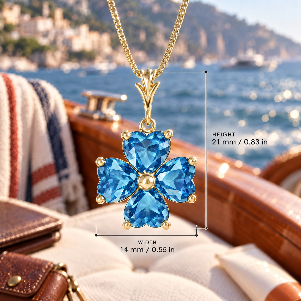 Yellow Gold Selene lab-grown Blue Topaz necklace, with dimensions: 21 mm high and 14 mm wide, against a boat setting.