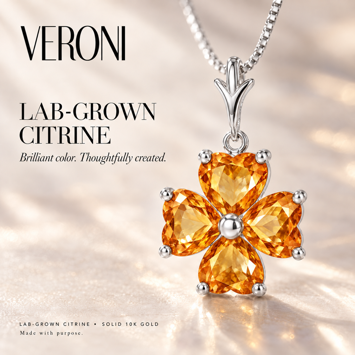 White Gold Selene lab-grown Citrine necklace, in a VERONI campaign.