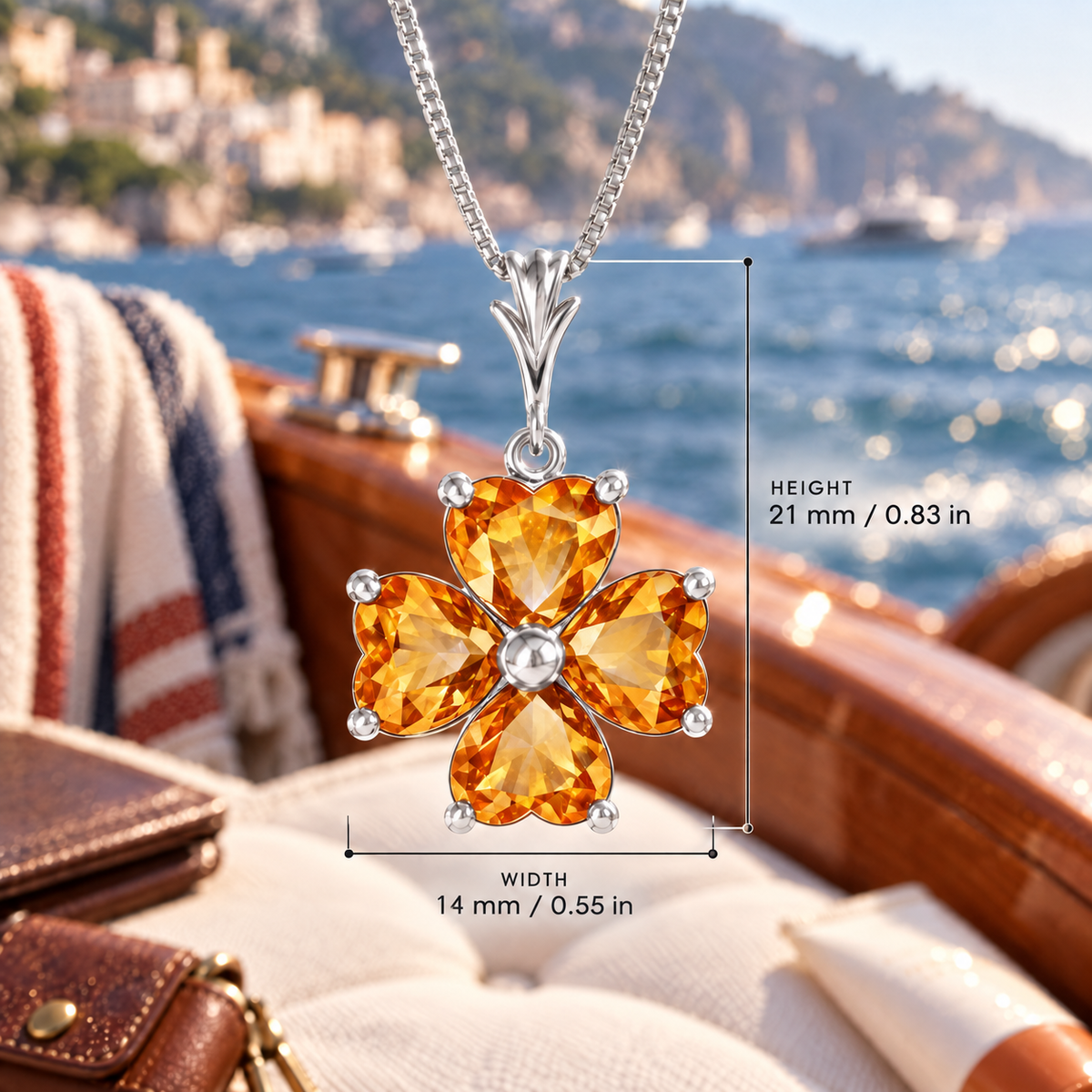 White Gold Selene lab-grown Citrine necklace, with dimensions: 21 mm high and 14 mm wide, against a boat setting.