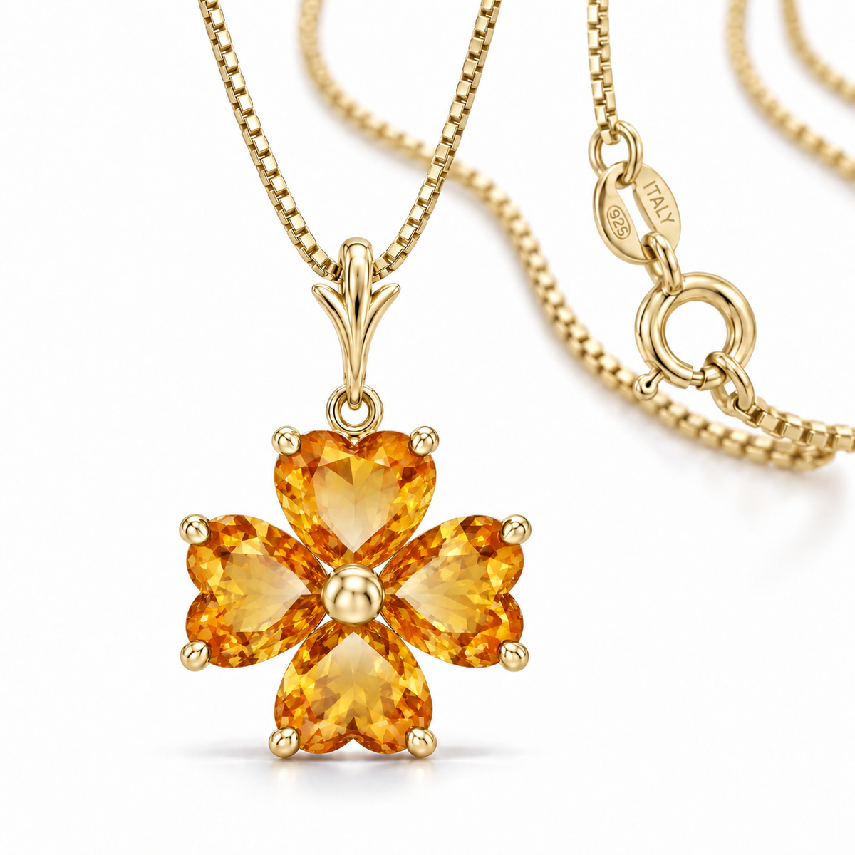 Yellow Gold Selene lab-grown Citrine necklace, close-up with chain and clasp detail.