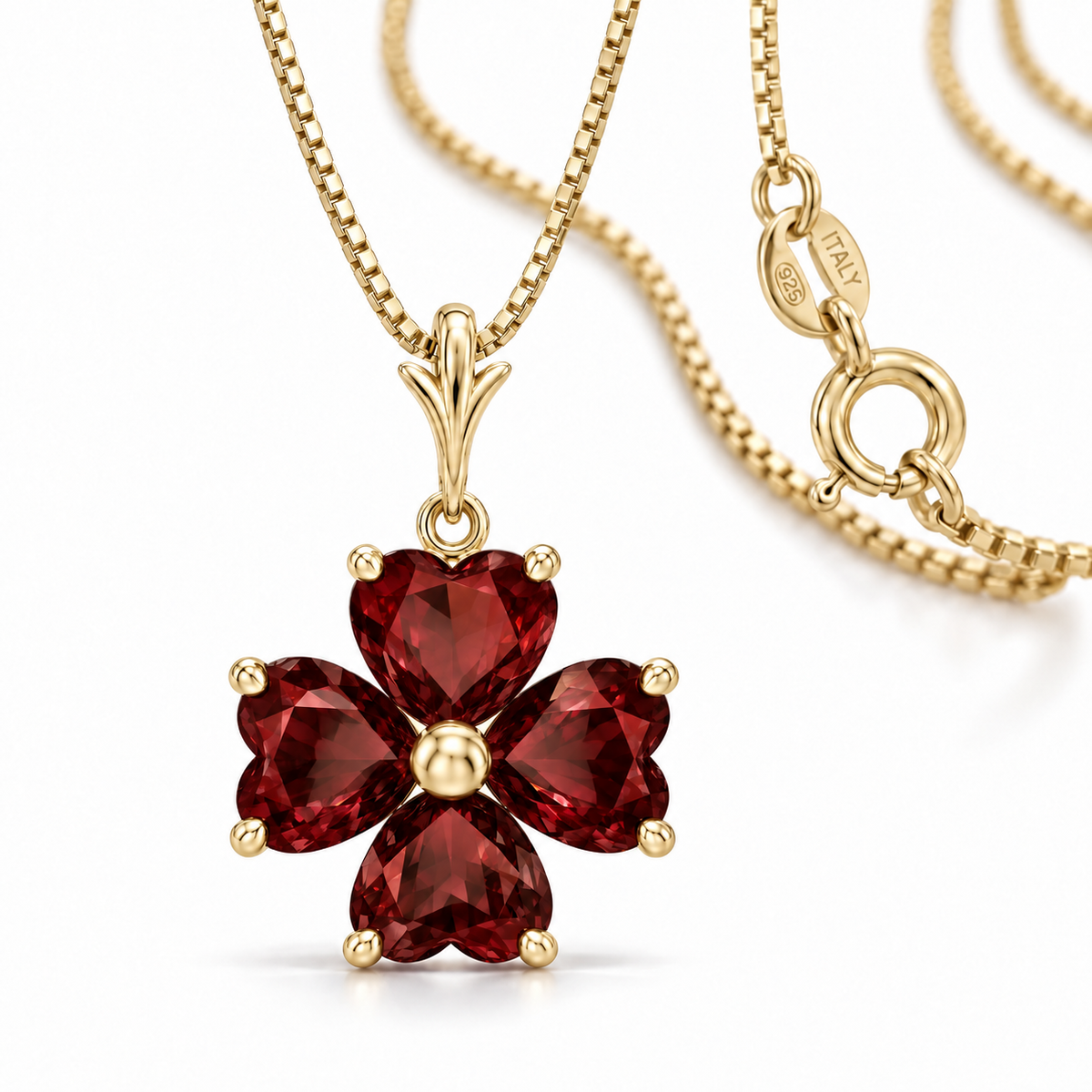 Yellow Gold Selene lab-grown Garnet necklace, close-up with chain and clasp detail.