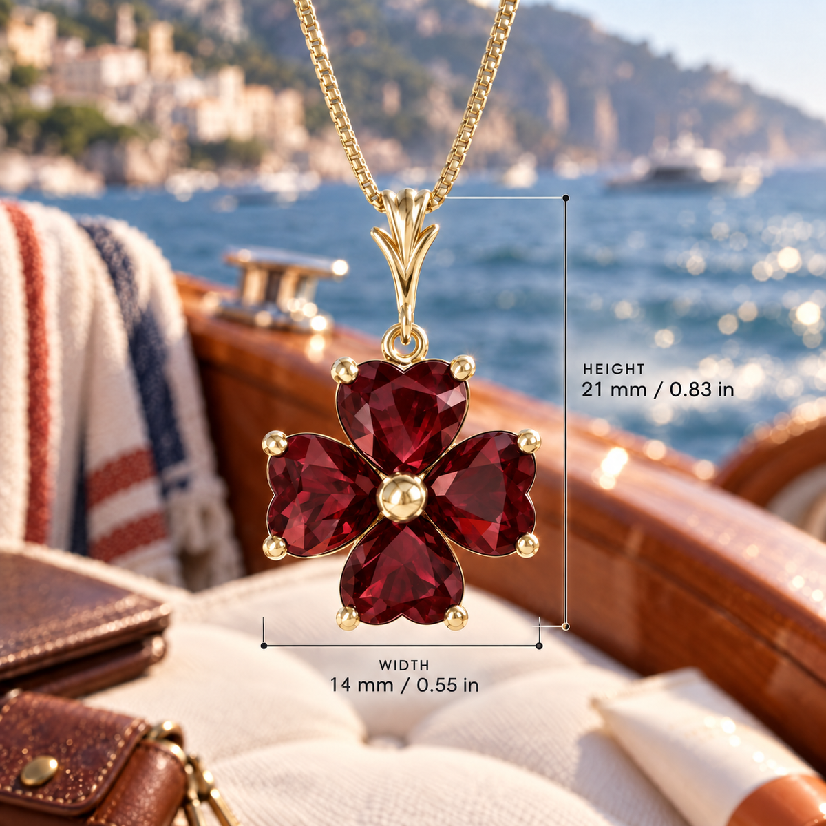 Yellow Gold Selene lab-grown Garnet necklace, with dimensions: 21 mm high and 14 mm wide, against a boat setting.