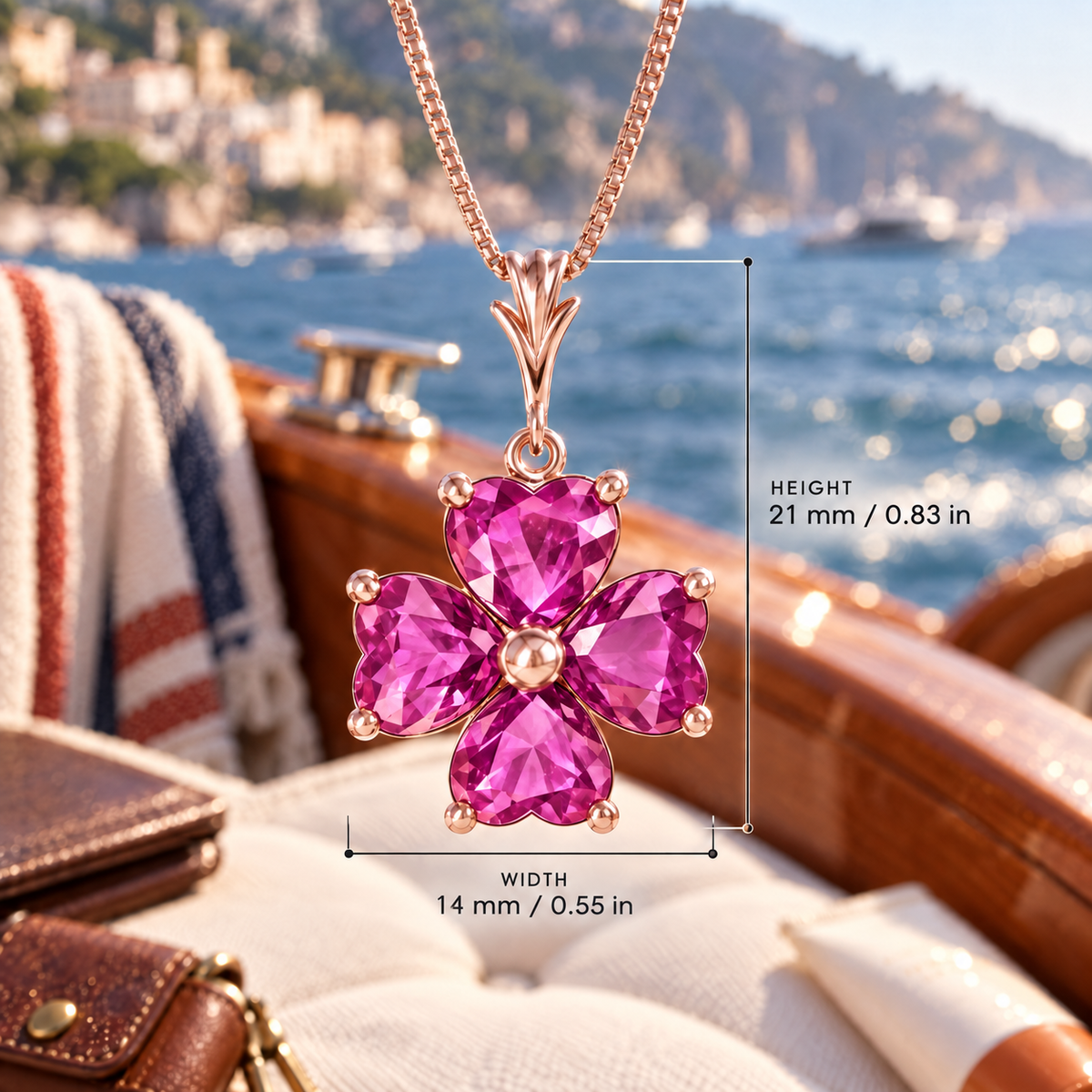 Rose Gold Selene lab-grown Pink Topaz necklace, with dimensions: 21 mm high and 14 mm wide, against a boat setting.