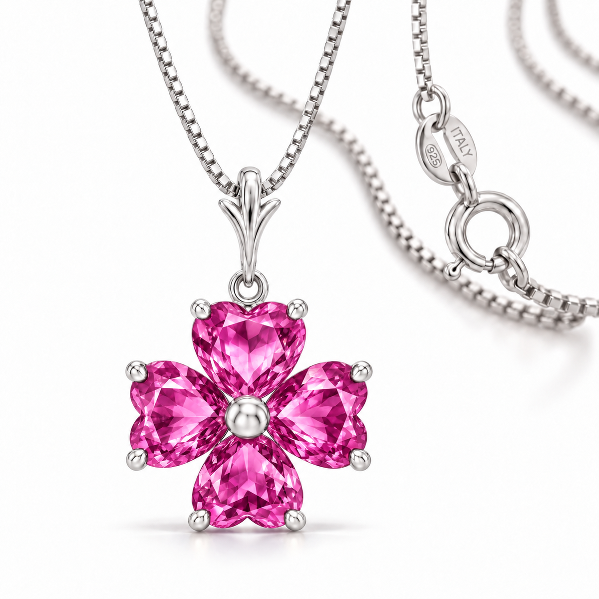 White Gold Selene lab-grown Pink Topaz necklace, close-up with chain and clasp detail.