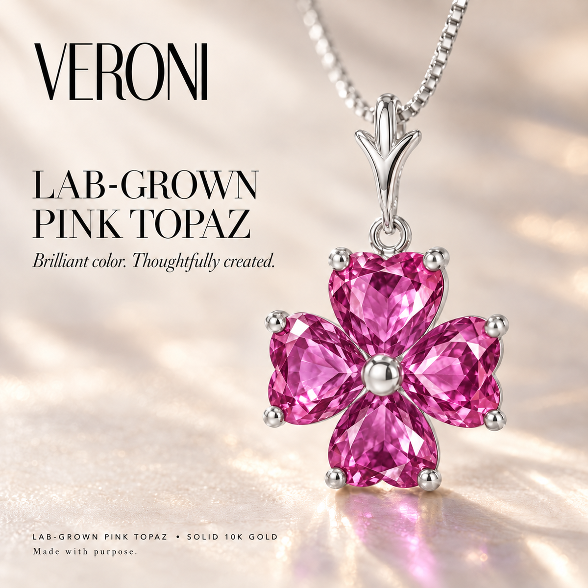 White Gold Selene lab-grown Pink Topaz necklace, in a VERONI campaign.
