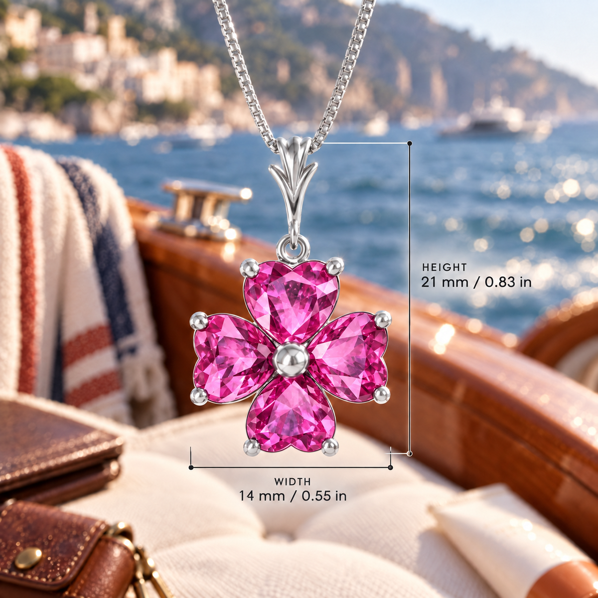 White Gold Selene lab-grown Pink Topaz necklace, with dimensions: 21 mm high and 14 mm wide, against a boat setting.