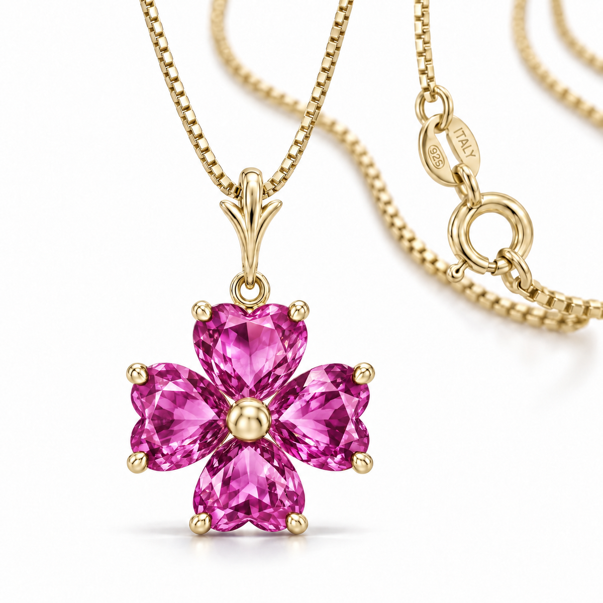 Yellow Gold Selene lab-grown Pink Topaz necklace, close-up with chain and clasp detail.