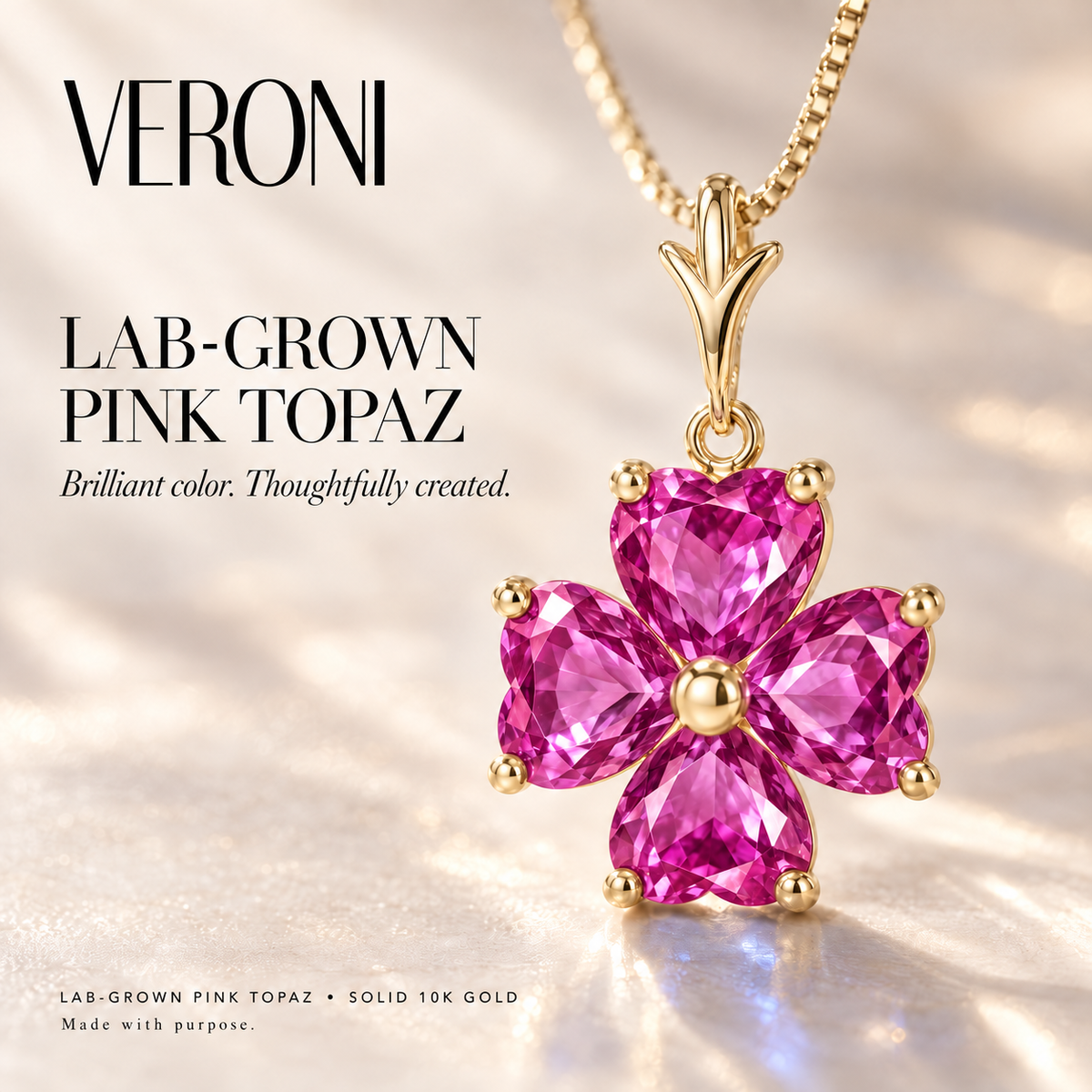 Yellow Gold Selene lab-grown Pink Topaz necklace, in a VERONI campaign.