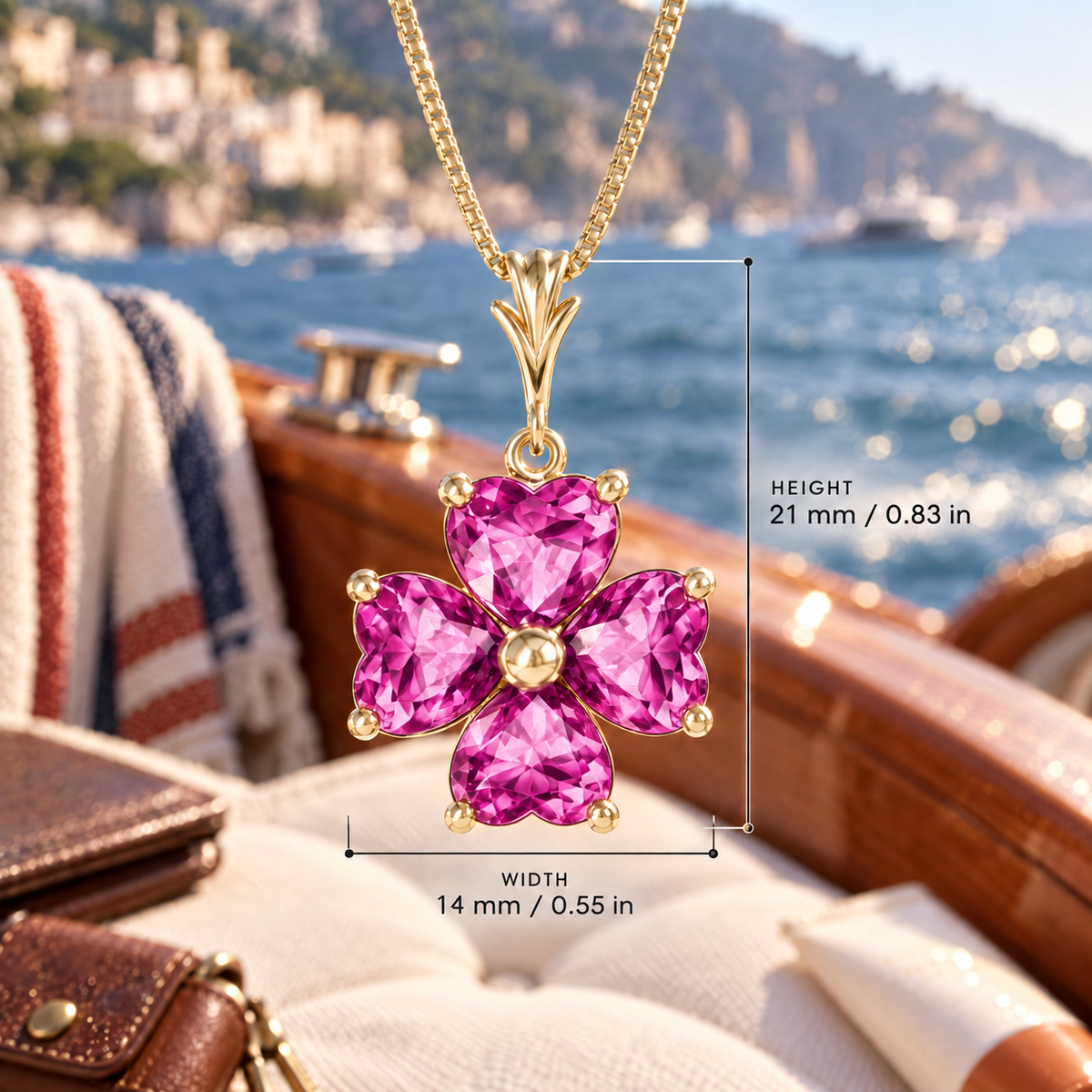 Yellow Gold Selene lab-grown Pink Topaz necklace, with dimensions: 21 mm high and 14 mm wide, against a boat setting.