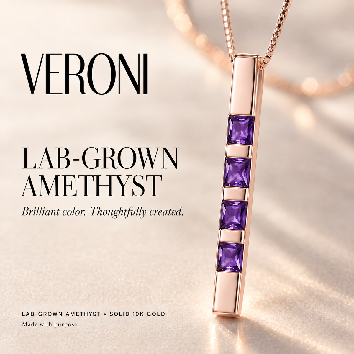 Rose Gold Gioconda lab-grown amethyst necklace, in a VERONI campaign.