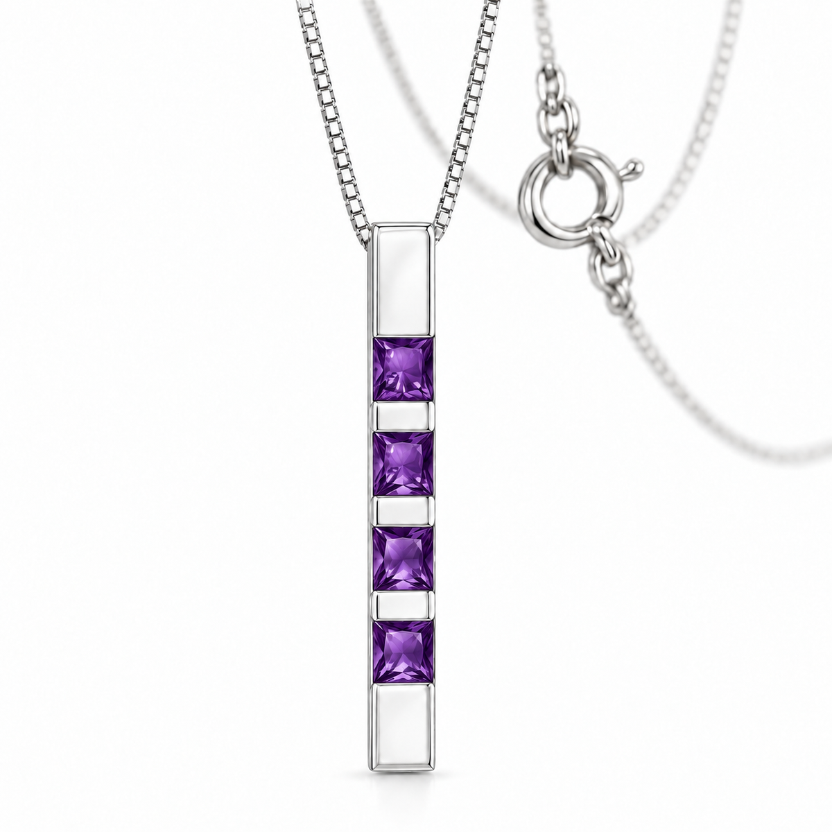 White Gold Gioconda lab-grown amethyst necklace, shown with chain and clasp detail.