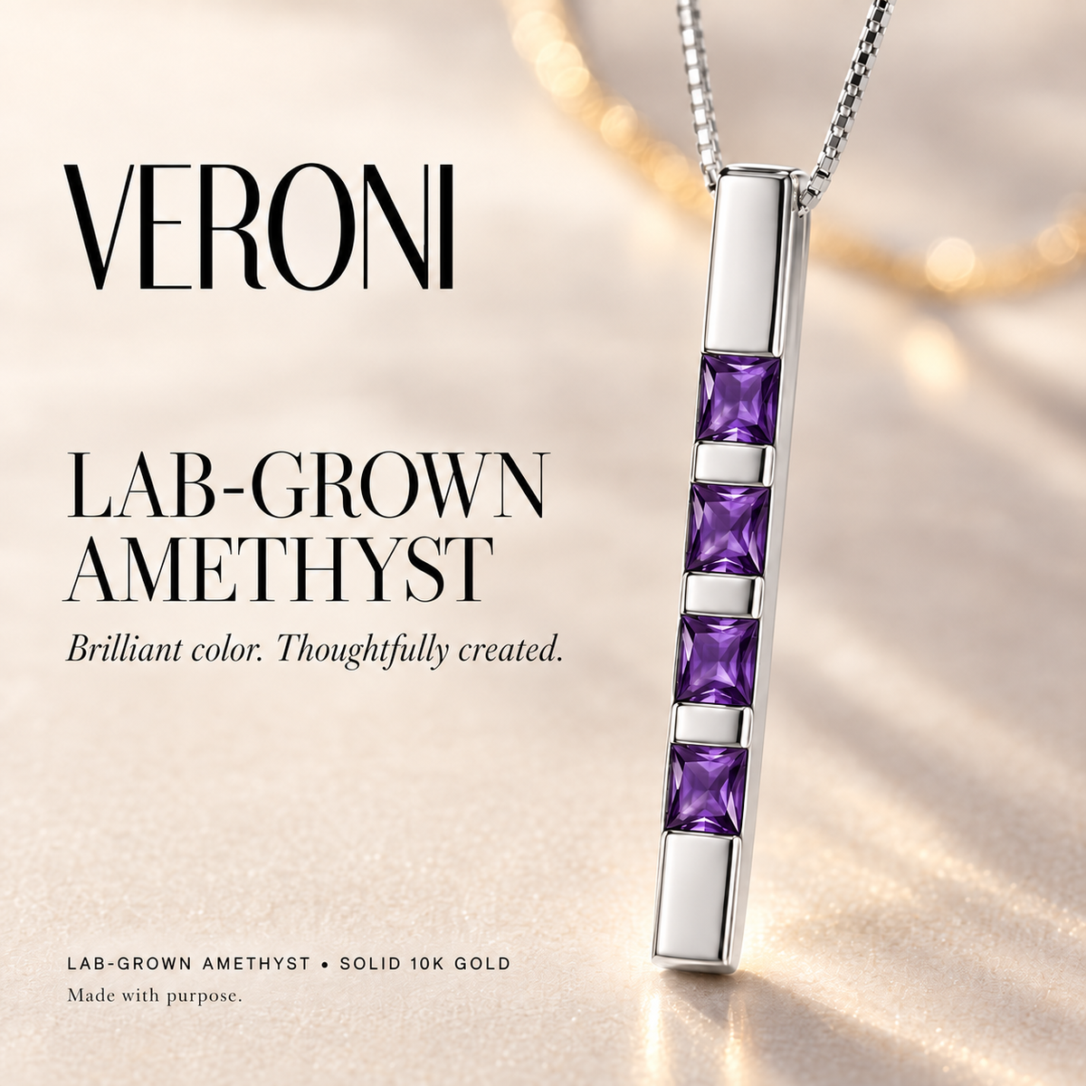 White Gold Gioconda lab-grown amethyst necklace, in a VERONI campaign.