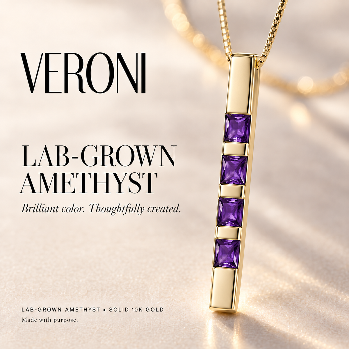 Yellow Gold Gioconda lab-grown amethyst necklace, in a VERONI campaign.