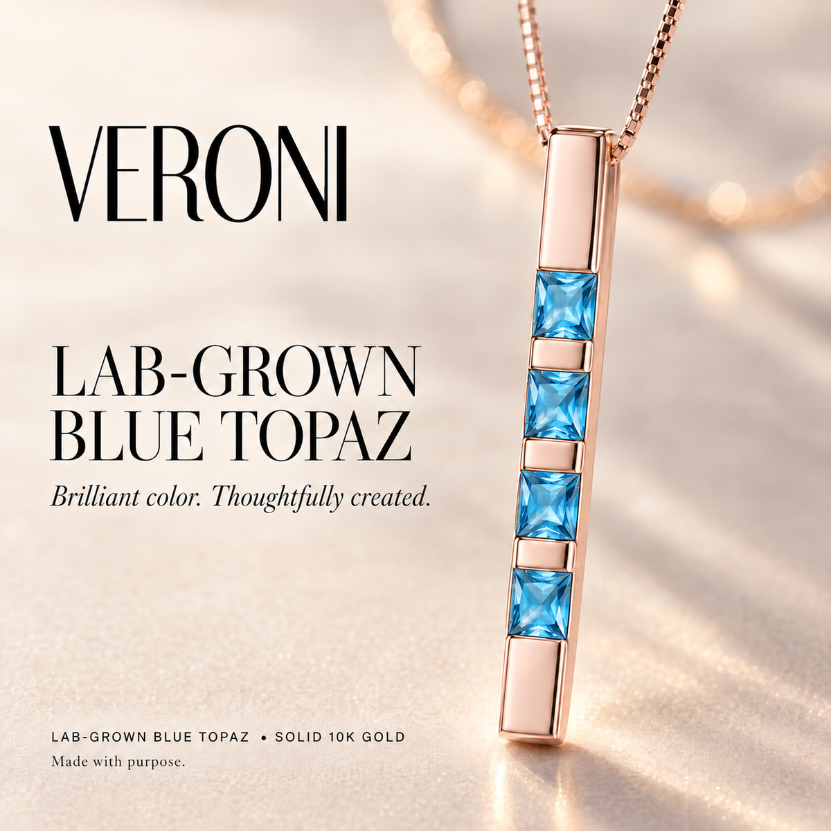 Rose Gold Gioconda lab-grown blue topaz necklace, in a VERONI campaign.