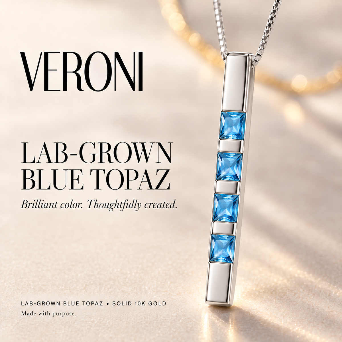 White Gold Gioconda lab-grown blue topaz necklace, in a VERONI campaign.