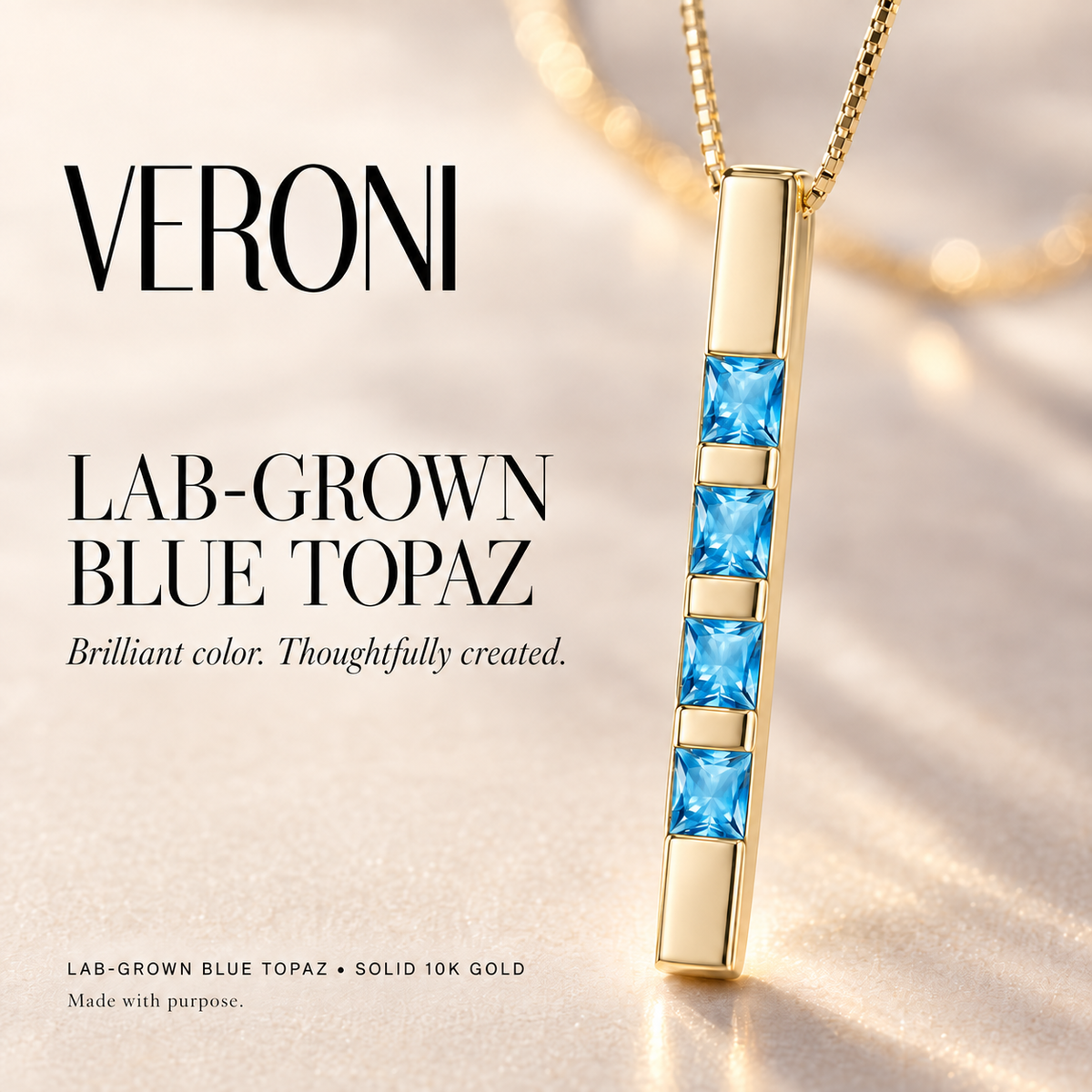 Yellow Gold Gioconda lab-grown blue topaz necklace, in a VERONI campaign.