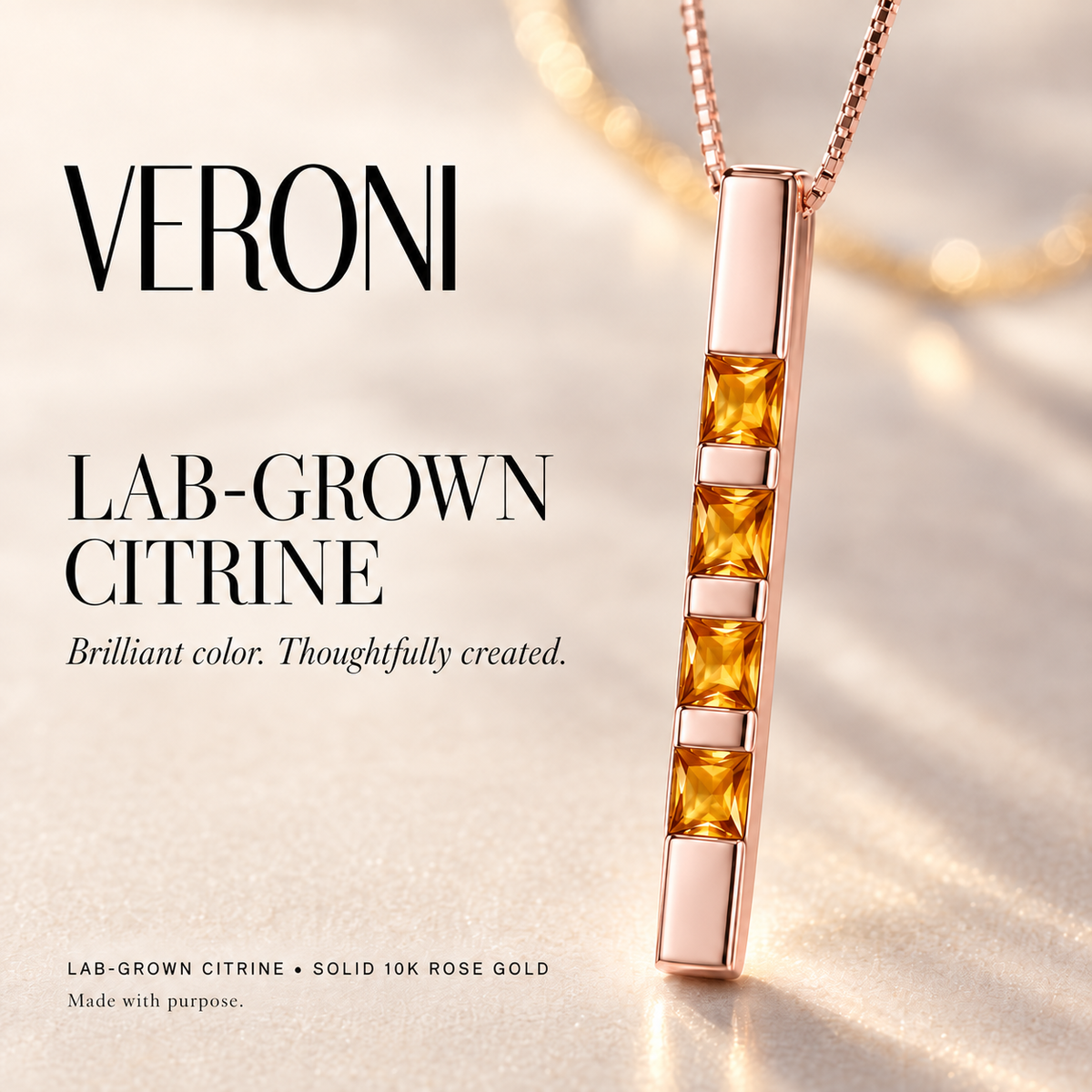 Rose Gold Gioconda lab-grown citrine necklace, in a VERONI campaign.