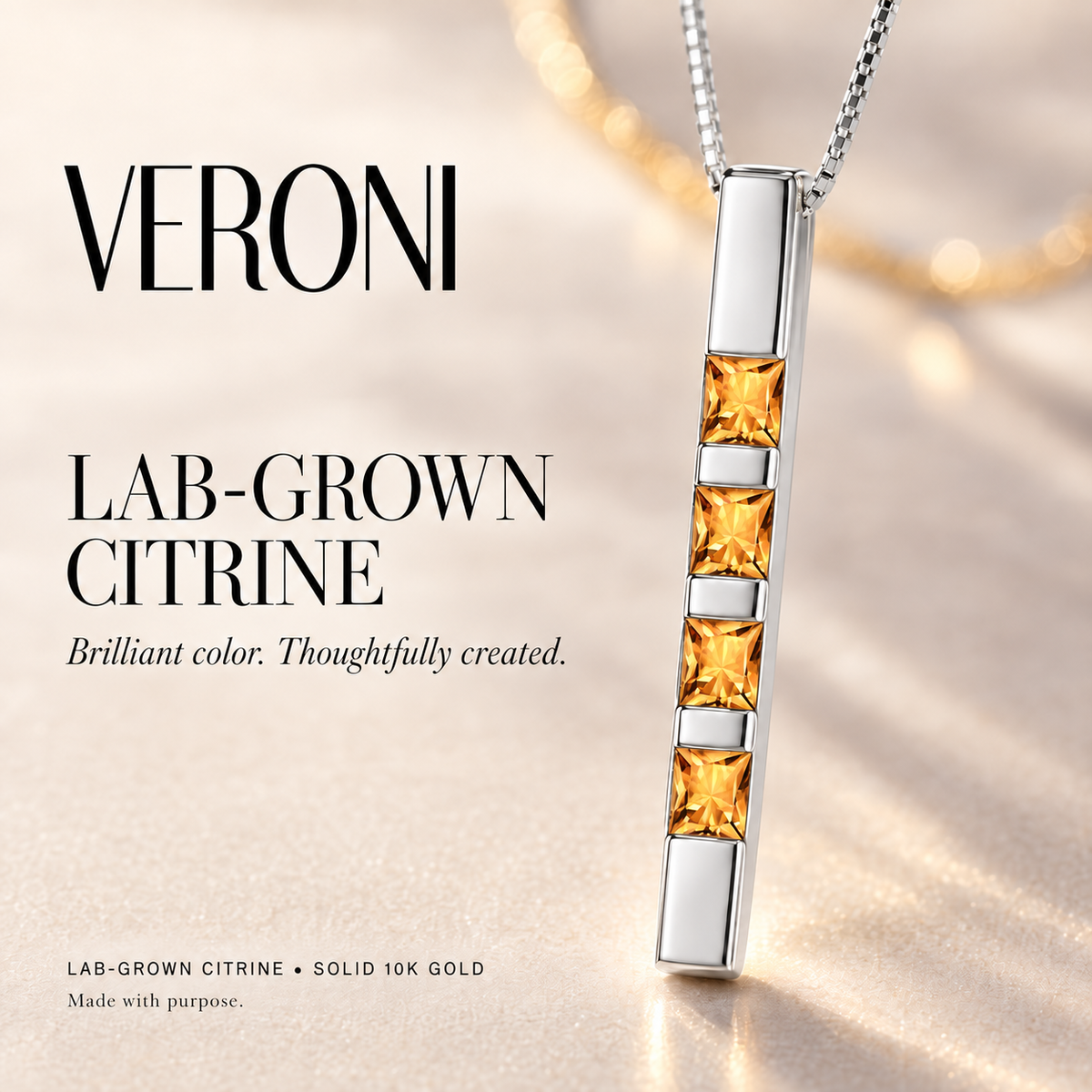 White Gold Gioconda lab-grown citrine necklace, in a VERONI campaign.