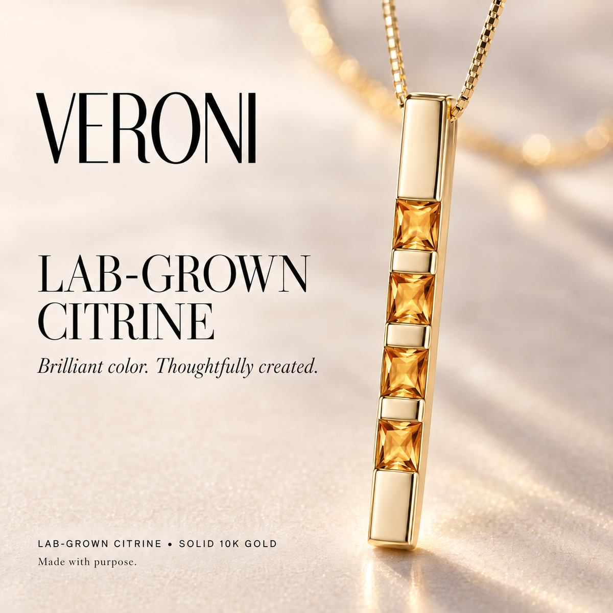 Yellow Gold Gioconda lab-grown citrine necklace, in a VERONI campaign.
