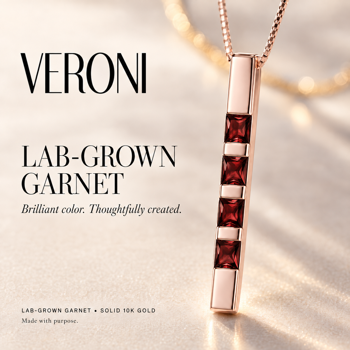 Rose Gold Gioconda lab-grown garnet necklace, in a VERONI campaign.