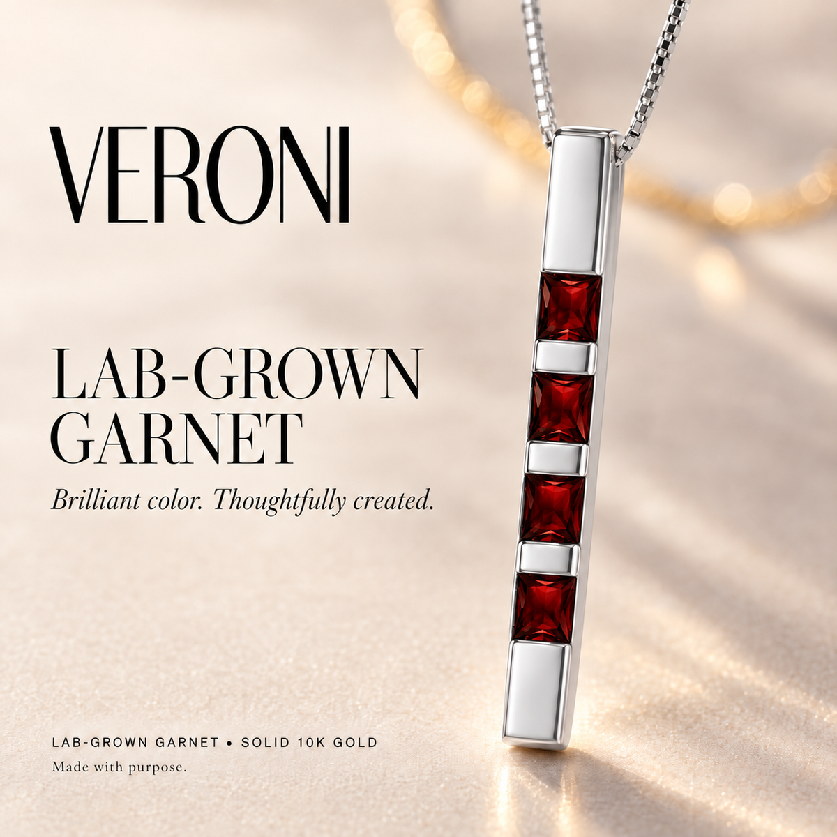 White Gold Gioconda lab-grown garnet necklace, in a VERONI campaign.