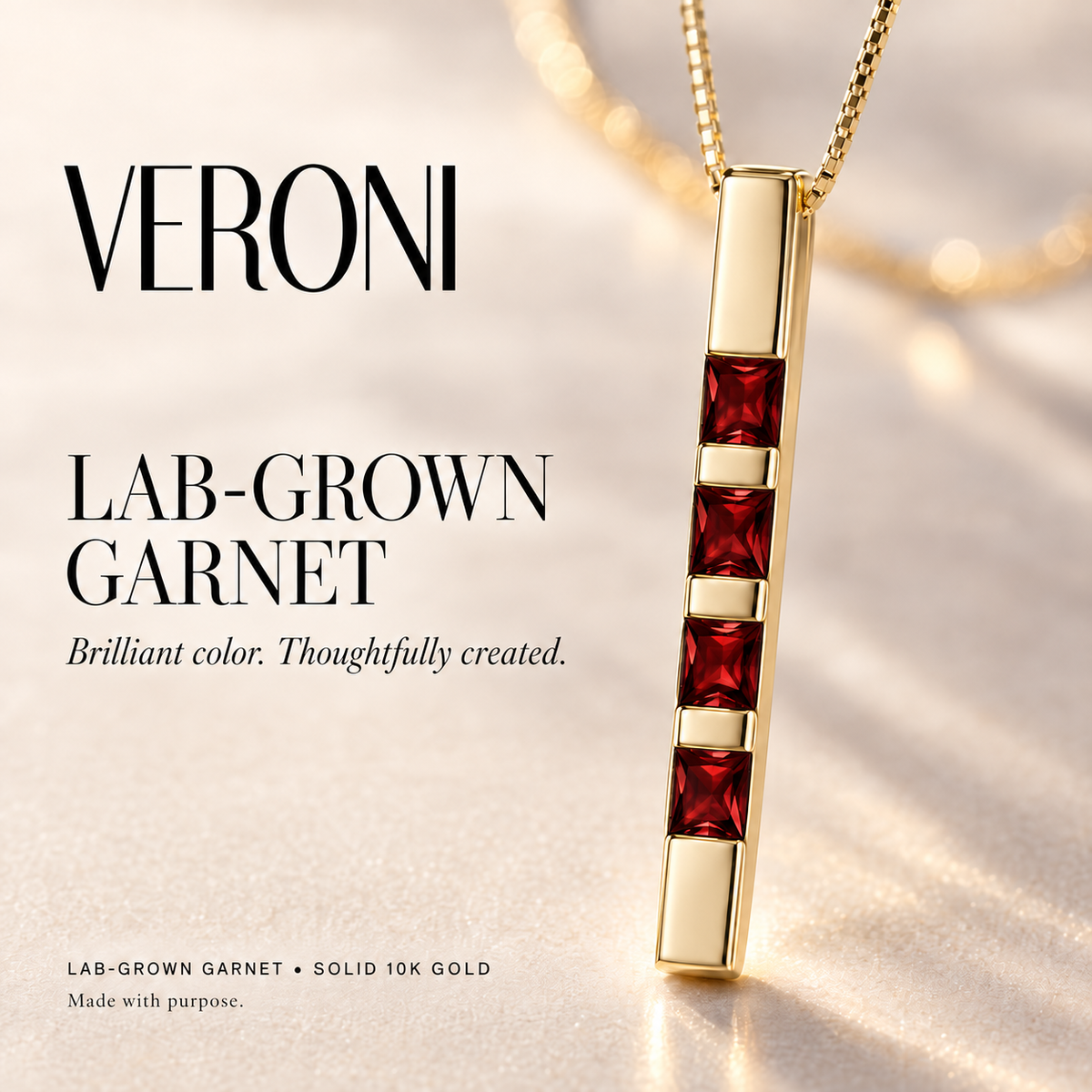 Yellow Gold Gioconda lab-grown garnet necklace, in a VERONI campaign.