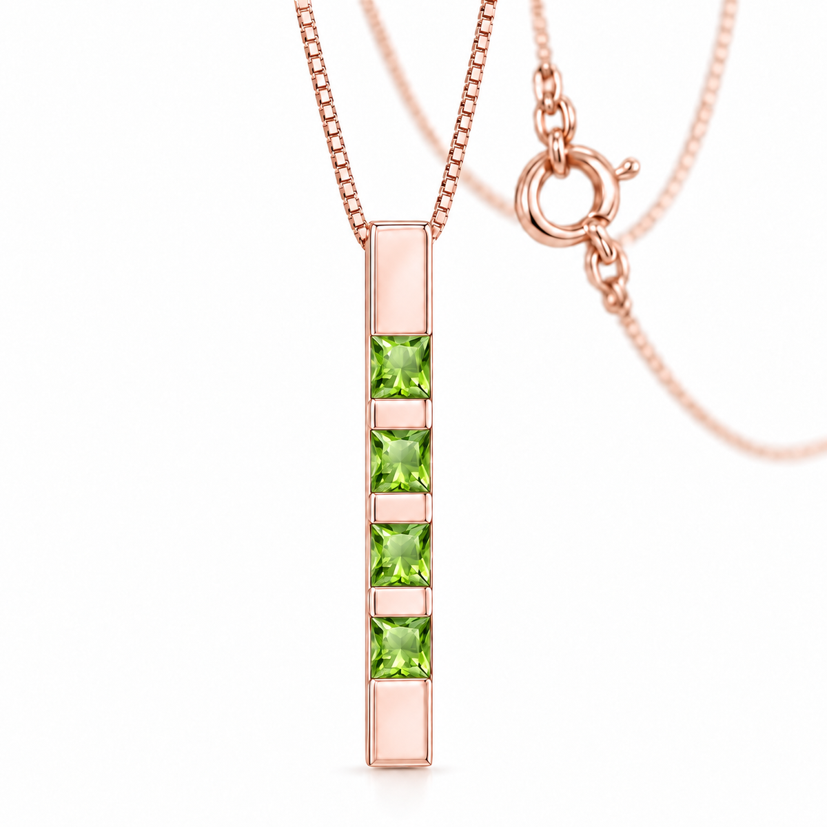 Rose Gold Gioconda lab-grown peridot necklace, shown with chain and clasp detail.