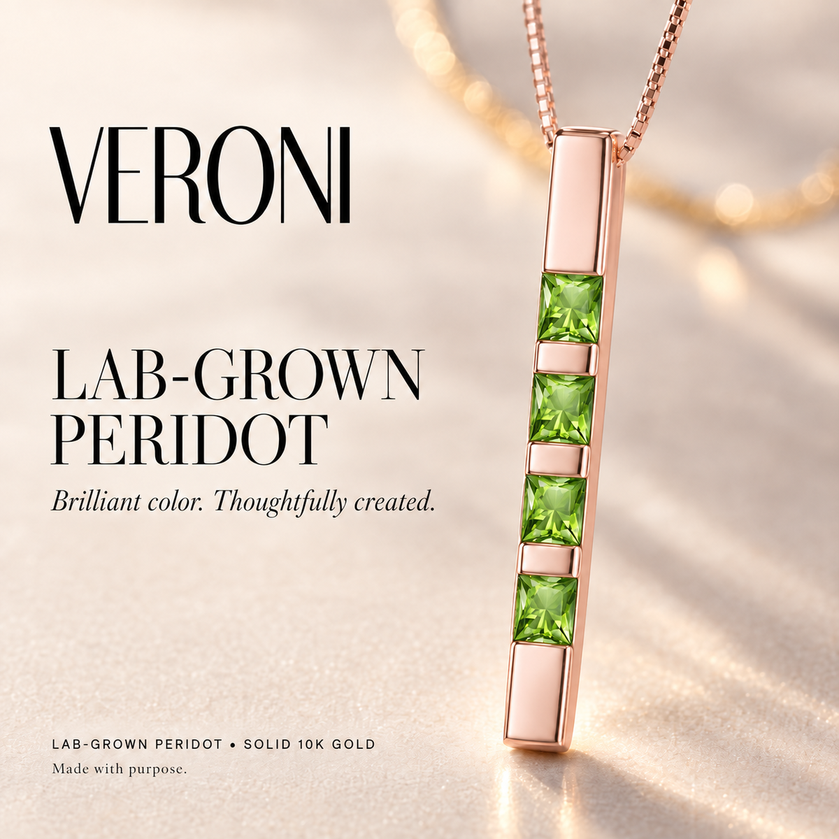 Rose Gold Gioconda lab-grown peridot necklace, in a VERONI campaign.