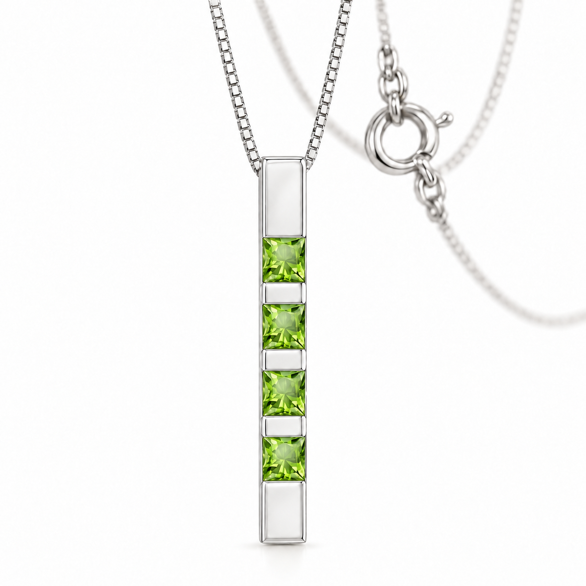 White Gold Gioconda lab-grown peridot necklace, shown with chain and clasp detail.