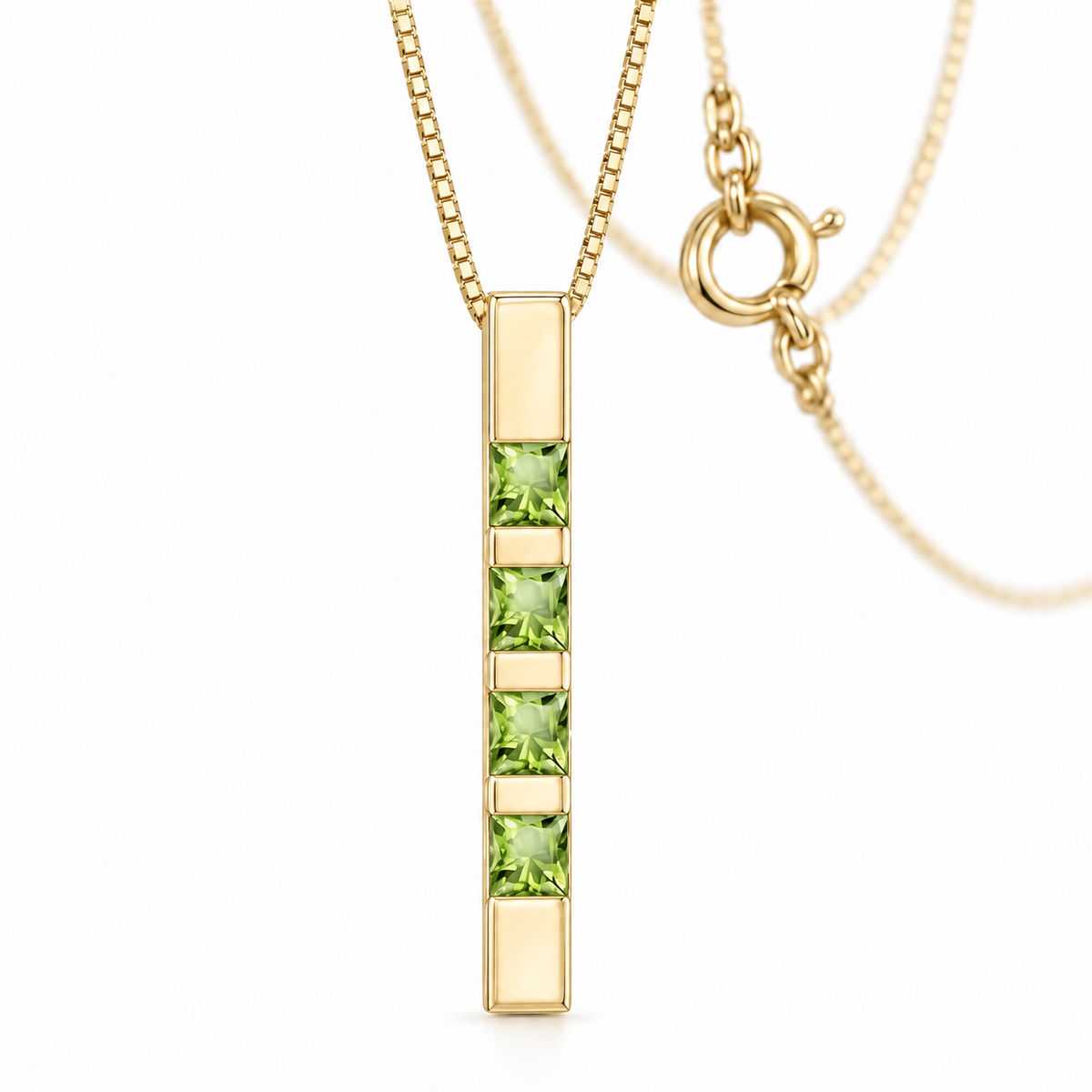 Yellow Gold Gioconda lab-grown peridot necklace, shown with chain and clasp detail.