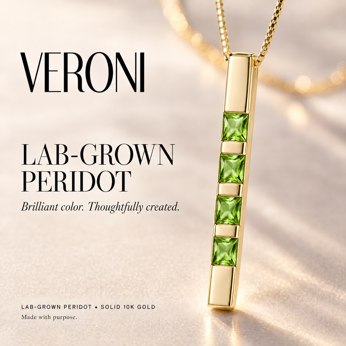 Yellow Gold Gioconda lab-grown peridot necklace, in a VERONI campaign.