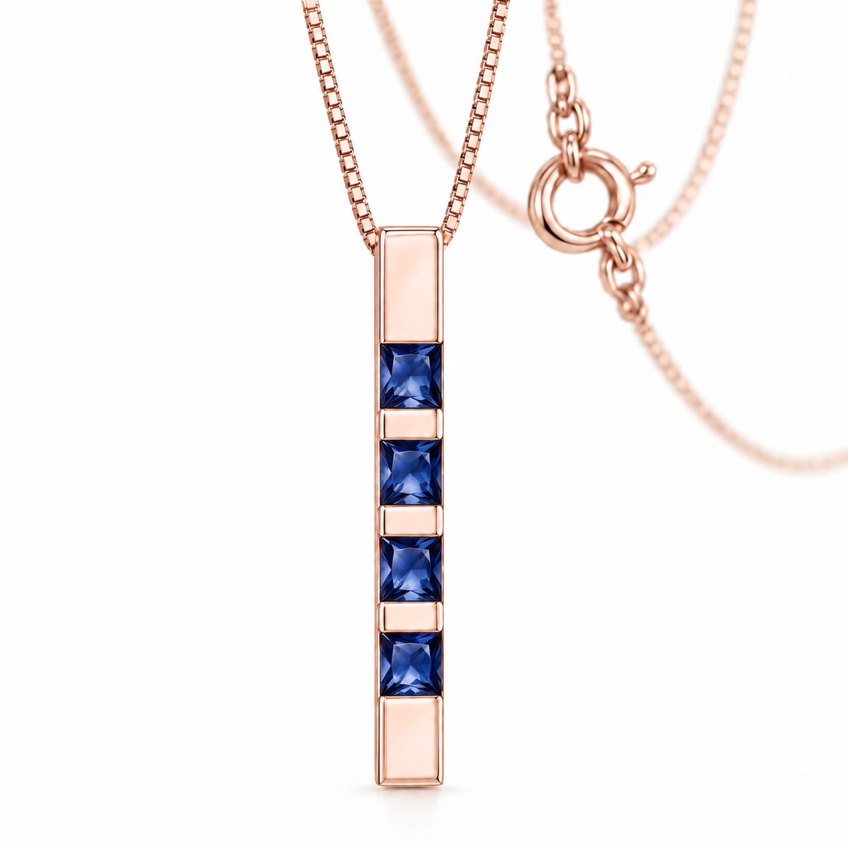 Rose Gold Gioconda lab-grown sapphire necklace, shown with chain and clasp detail.