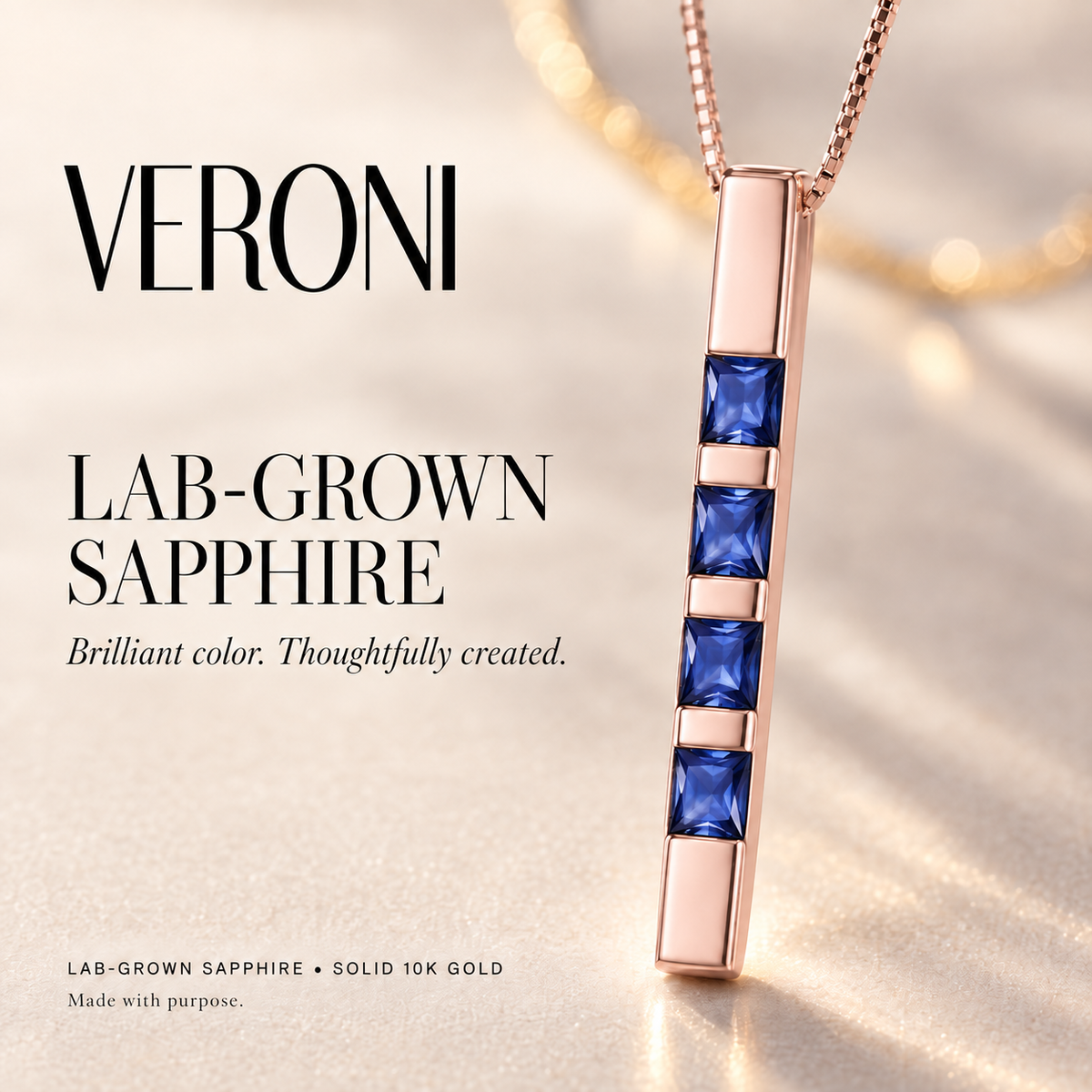 Rose Gold Gioconda lab-grown sapphire necklace, in a VERONI campaign.