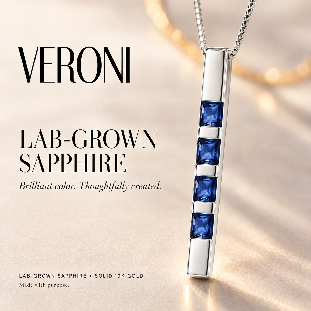 White Gold Gioconda lab-grown sapphire necklace, in a VERONI campaign.