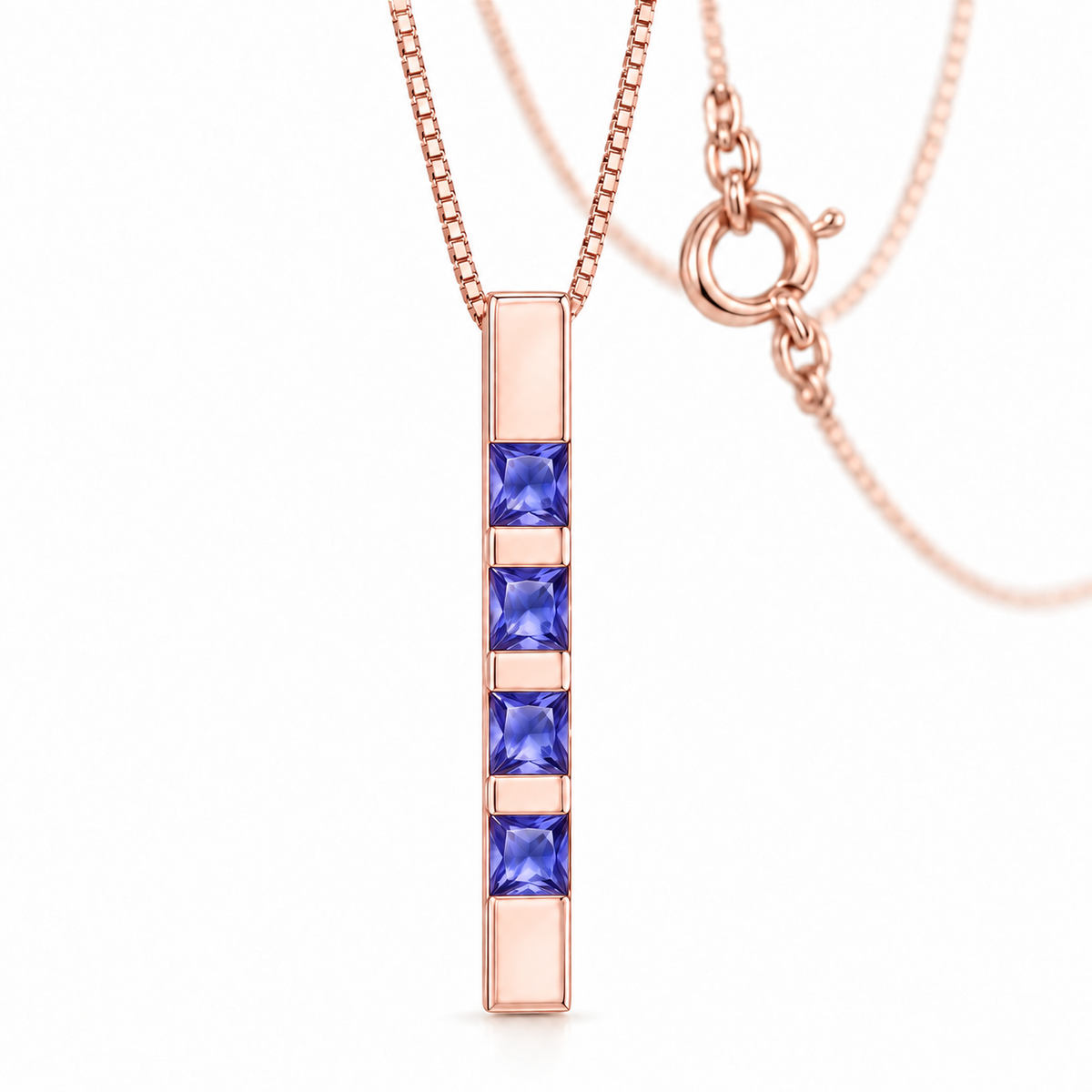 Rose Gold Gioconda lab-grown tanzanite necklace, shown with chain and clasp detail.
