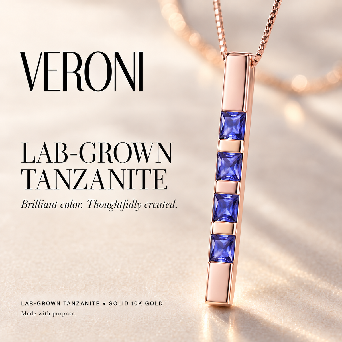 Rose Gold Gioconda lab-grown tanzanite necklace, in a VERONI campaign.