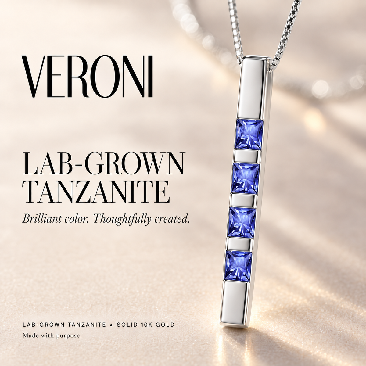 White Gold Gioconda lab-grown tanzanite necklace, in a VERONI campaign.