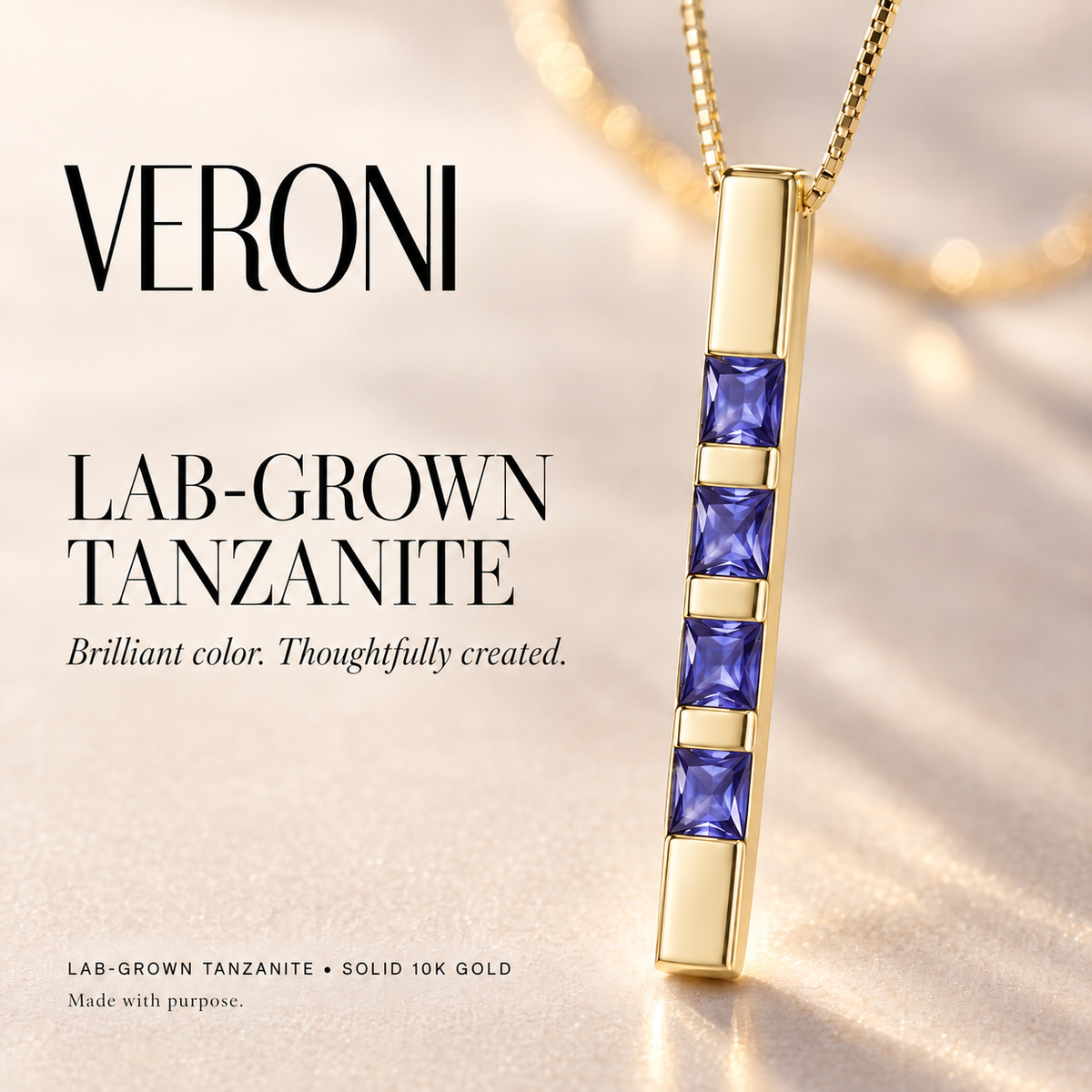 Yellow Gold Gioconda lab-grown tanzanite necklace, in a VERONI campaign.