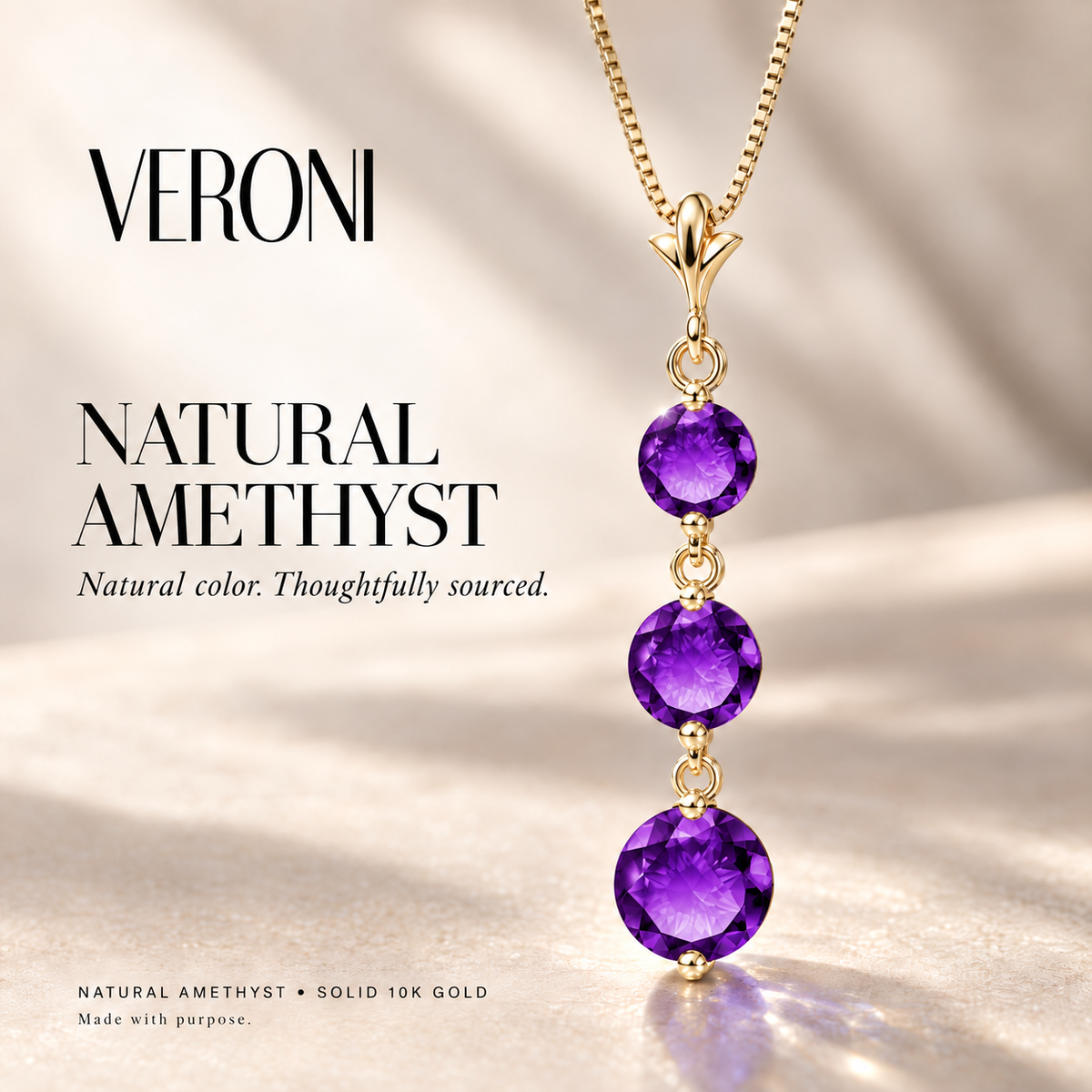 Yellow Gold Provvidenza natural amethyst necklace, in a VERONI campaign.